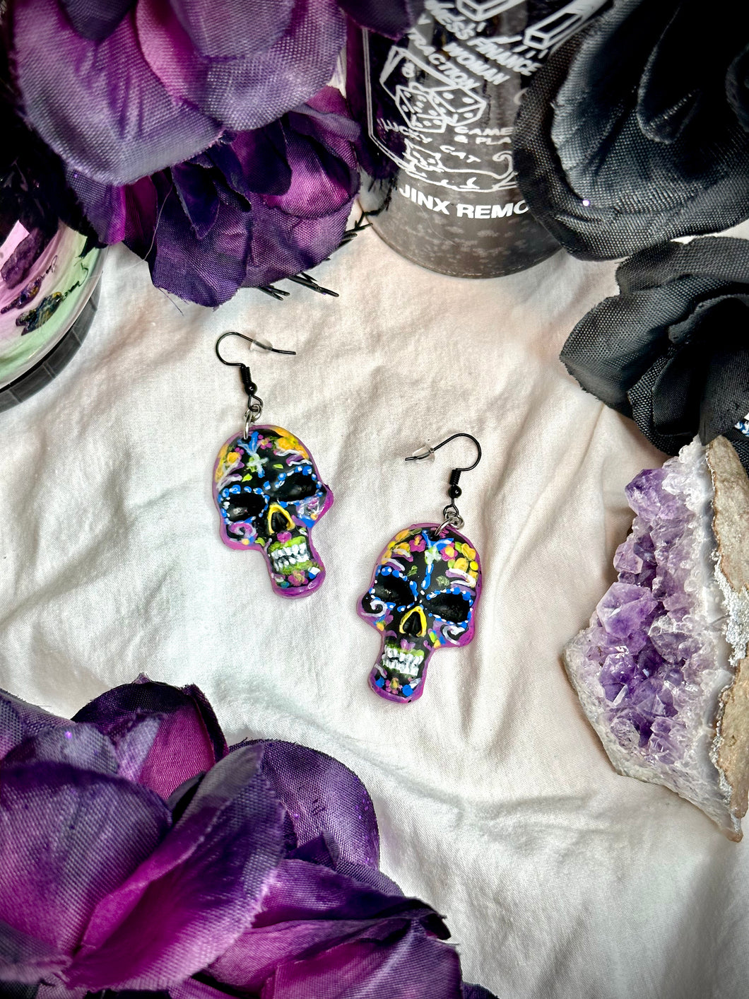 Black Colorful Sugar Skull Earrings