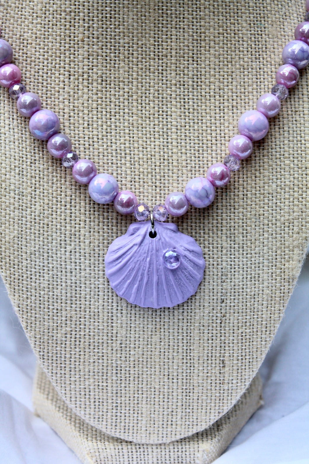 Purple and Pink Beaded Necklace with Purple Seashell