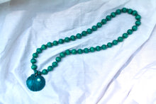 Load image into Gallery viewer, Peacock Green Beaded Necklace with Dark Blue Seashell
