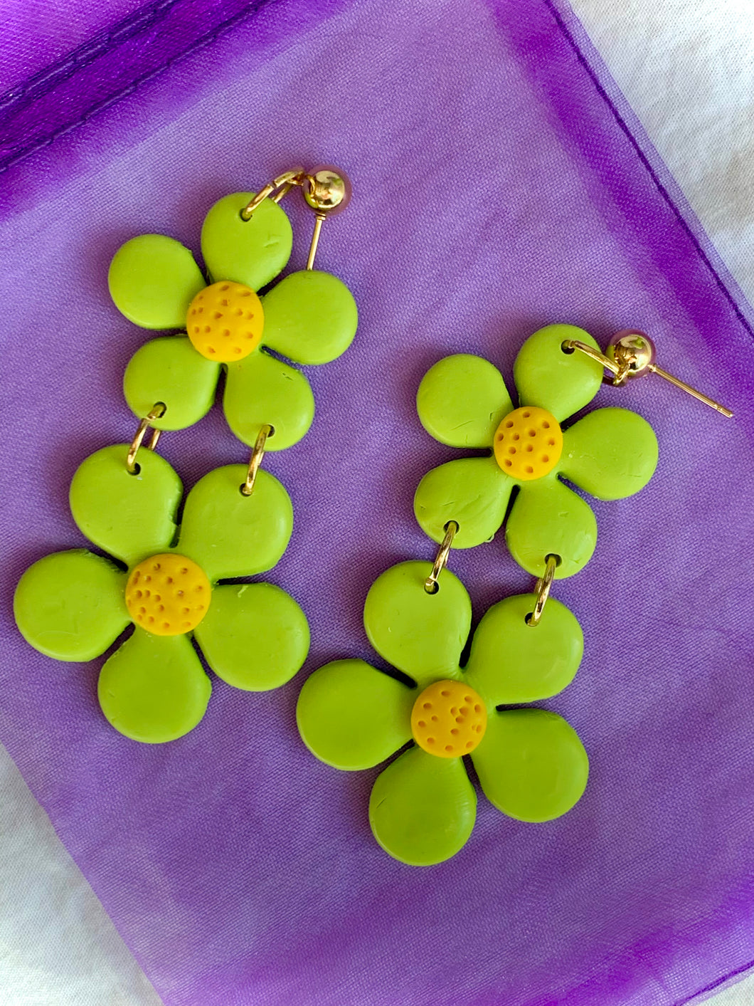 Green Double Daisy Earrings